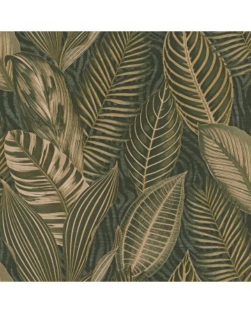 Papel pintado hojas grandes verde oscuro 001gKEN