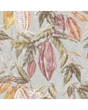Papel pintado flores hojas rojo verde gris 014gOGN