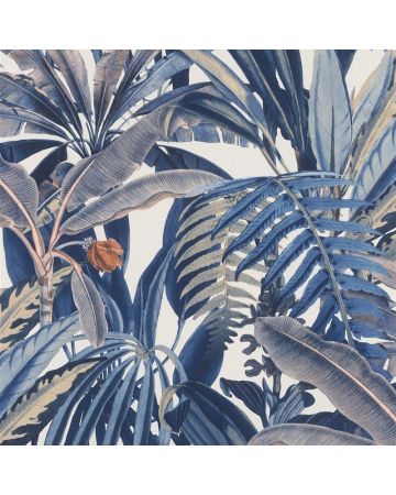 Papel pintado hojas grandes azul marrón blanco 034gKEN