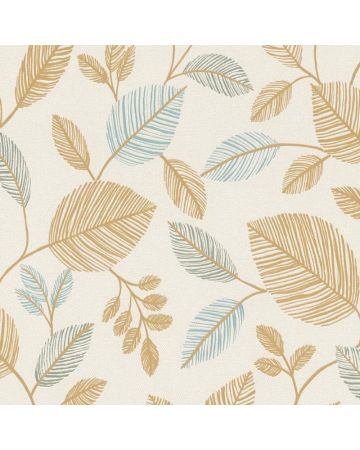Papel pintado hojas azul beige blanco 034gSER