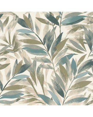 Papel pintado hojas azul verde gris blanco 046gPAR