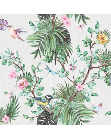 Papel pintado plantas pájaros verde crudo 050gOGN