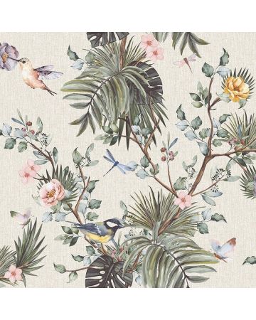 Papel pintado plantas pájaros verde crudo 051gOGN
