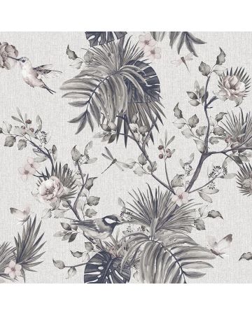 Papel pintado plantas pájaros gris crudo 053gOGN