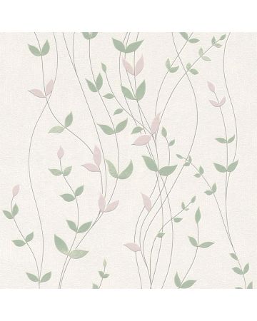 Papel pintado hojas verde rosa blanco 061gHAR