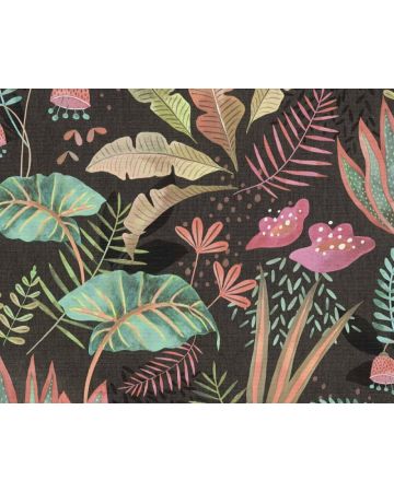 Papel pintado hojas verde rosa naranja negro 393481gFAM